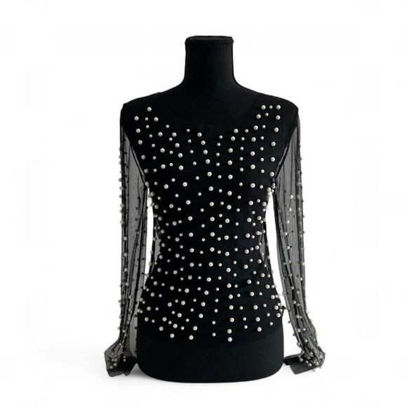 Source Unknown Tops - Black Sheer Long Sleeve Top with Pearl Detail Size Small